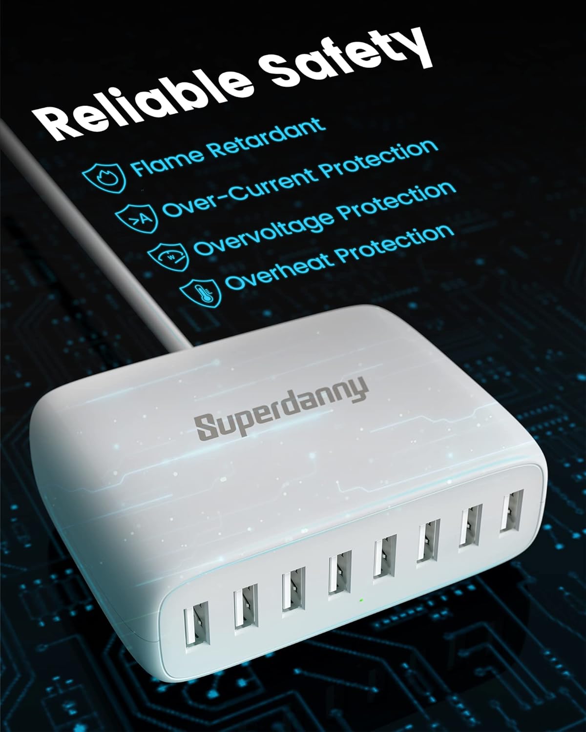 USB Charger Station, SUPERDANNY 8-Port Desktop Charging Station for Multiple Devices, Compatible with iPhone 11/X/Xs/Max/XR/SE/8/Plus, iPad Pro/Air/Mini, AirPods, Galaxy S10 Note, LG, and More, Black