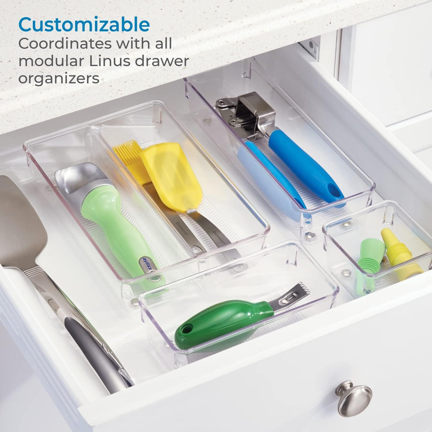 iDesign Plastic Drawer Organizer for Kitchen, Bathroom, and Desk Drawers, Set of 2, Clear