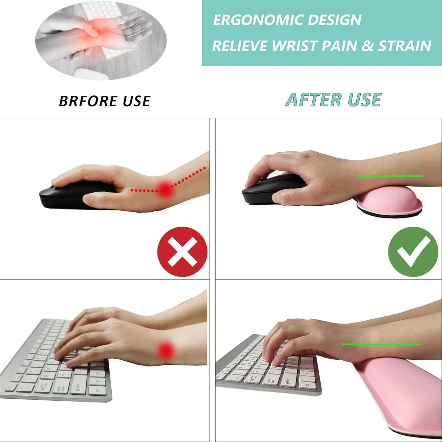 Keyboard Wrist Rest Mouse Wrist Support Set, Memory Foam Wrist Rest Pad for Computer Laptop Keyboard Mouse, Ergonomic Wrist Cushion Support for Typing Pain Relief, Gaming Home Office, Purple