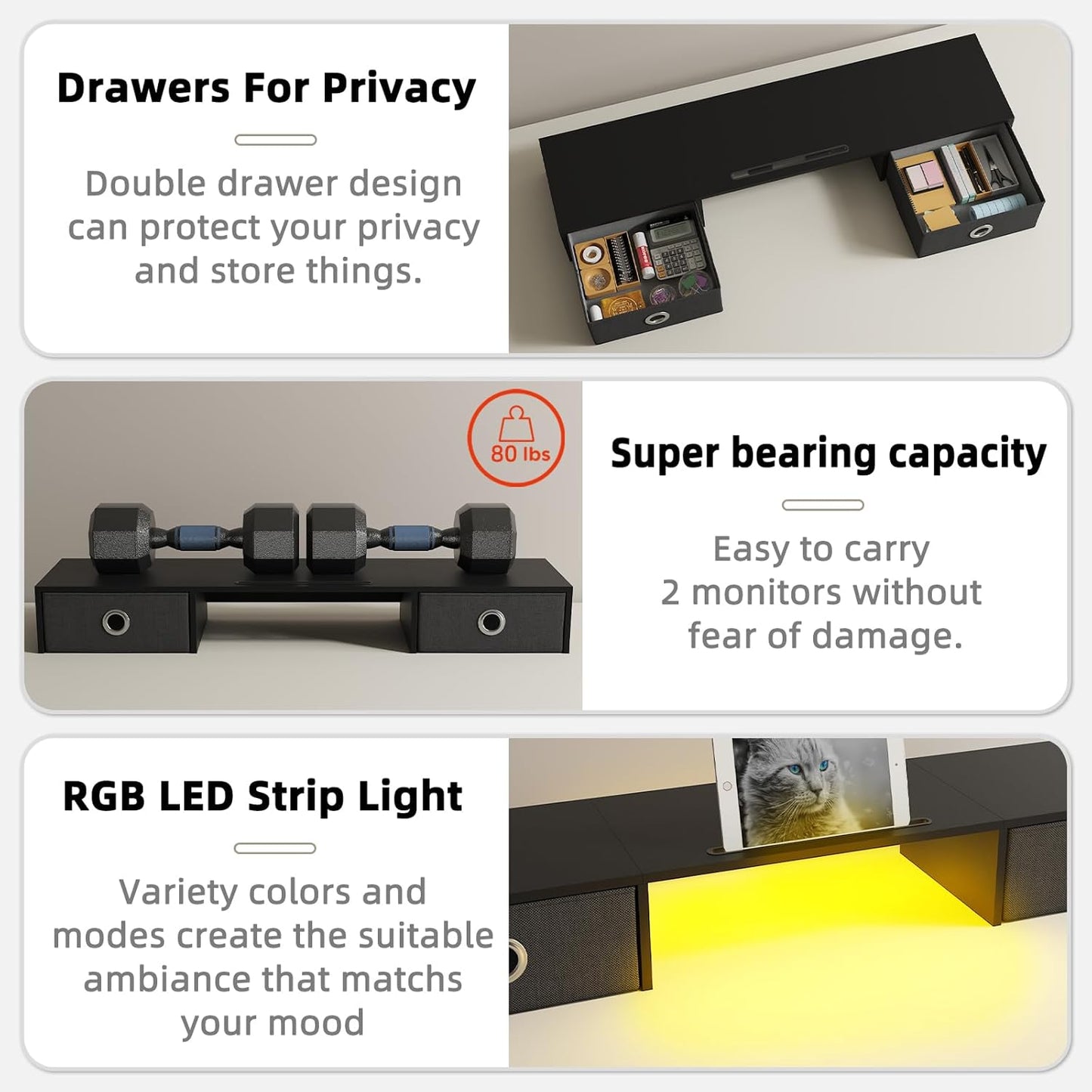 YAOHUOO Dual Monitor Stand with LED Light 2 Drawers, Computer Monitor Riser for 2 Monitors, Large Desktop Organzier with Storage for PC/Laptop/Computer/TV Screen/Printer