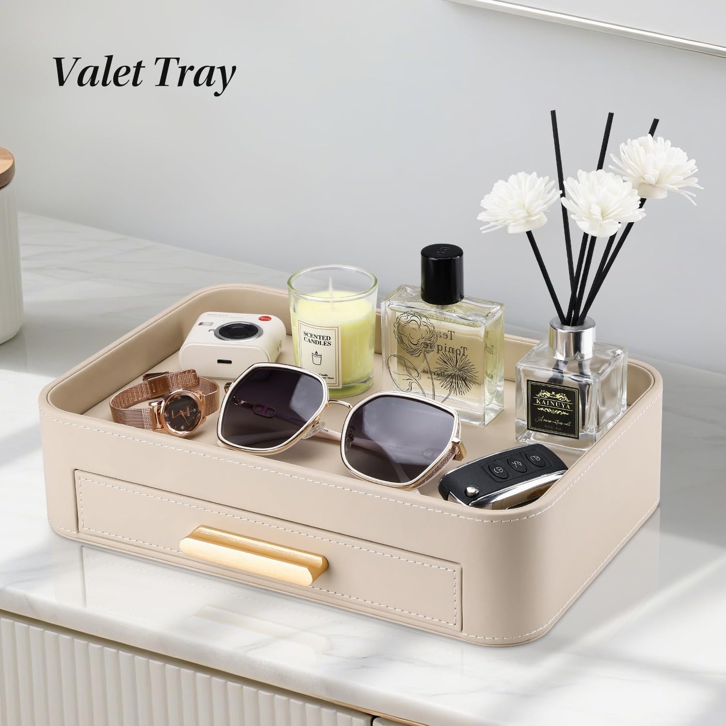 GORESE PU Leather Valet Tray with Drawer, Nightstand Organizer Catch All Tray for Jewelry Perfume Purse Trinket Key Holder, EDC Trays for Desk Vanity Entryway Table, Gift for Women Men, Cream White