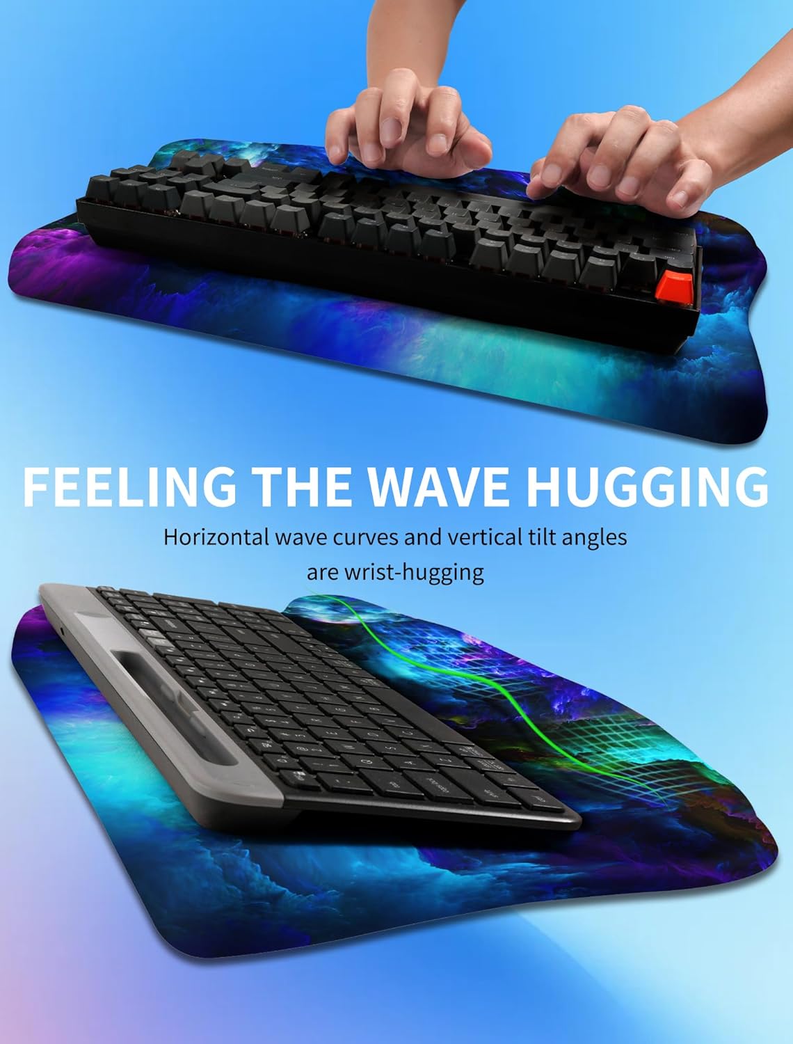 Ergonomic Wave Wrist Rest with Keyboard Stand, Cushioned Palm Rest, Comfortable Integrated Memory Foam for Natural Typing and Relieve Wrist Pain, Dark Night Black
