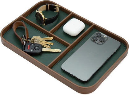 MUUJEE Leather Catchall Multitray (Design 3) - 11.65 x 7.75 x 0.8, Nightstand Entryway Bedside Dump Tray Valet Organizer for Keys Phone Wallet Watch Glasses Pens, Office Desk Accessory for Men, Green