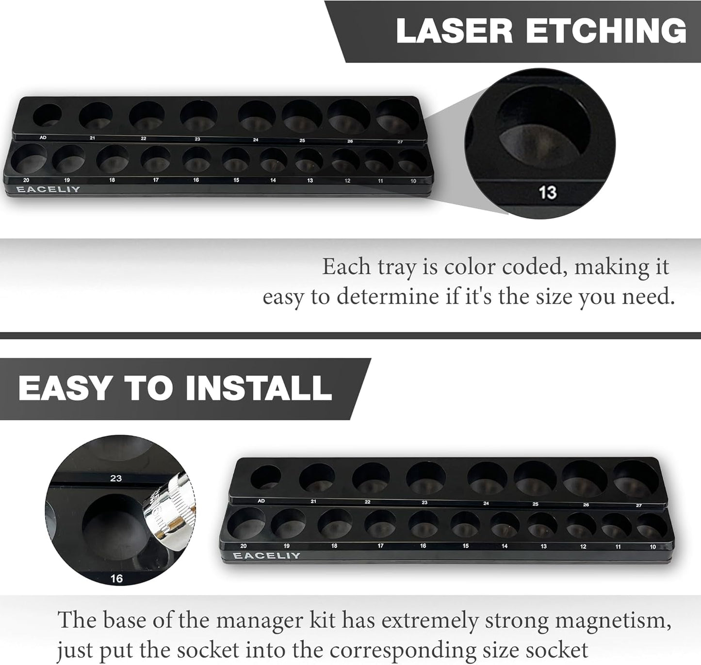 EACELIY 6-Piece Magnetic Socket Organizer Set, 1/2", 1/4" and 3/8" SAE & Metric Deep & Shallow Socket Holder Kit, holds 141 stanard Sockets, attaches to steel box/tool cart (sockets not included)