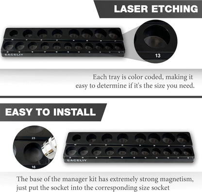 EACELIY 6-Piece Magnetic Socket Organizer Set, 1/2", 1/4" and 3/8" SAE & Metric Deep & Shallow Socket Holder Kit, holds 141 stanard Sockets, attaches to steel box/tool cart (sockets not included)