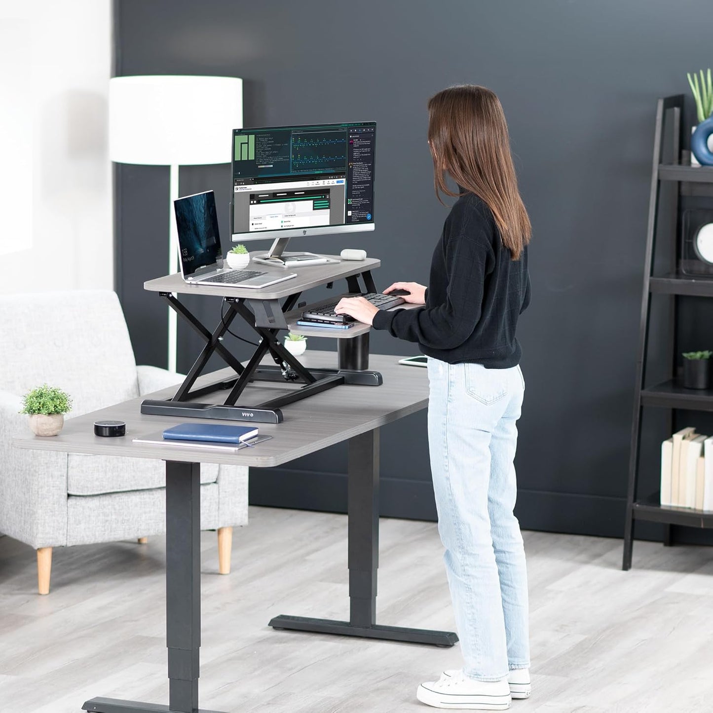 VIVO 26 inch Desk Converter, K Series, Height Adjustable Sit to Stand Riser, Dual Monitor and Laptop Workstation with Keyboard Tray, Black, DESK-V026KB