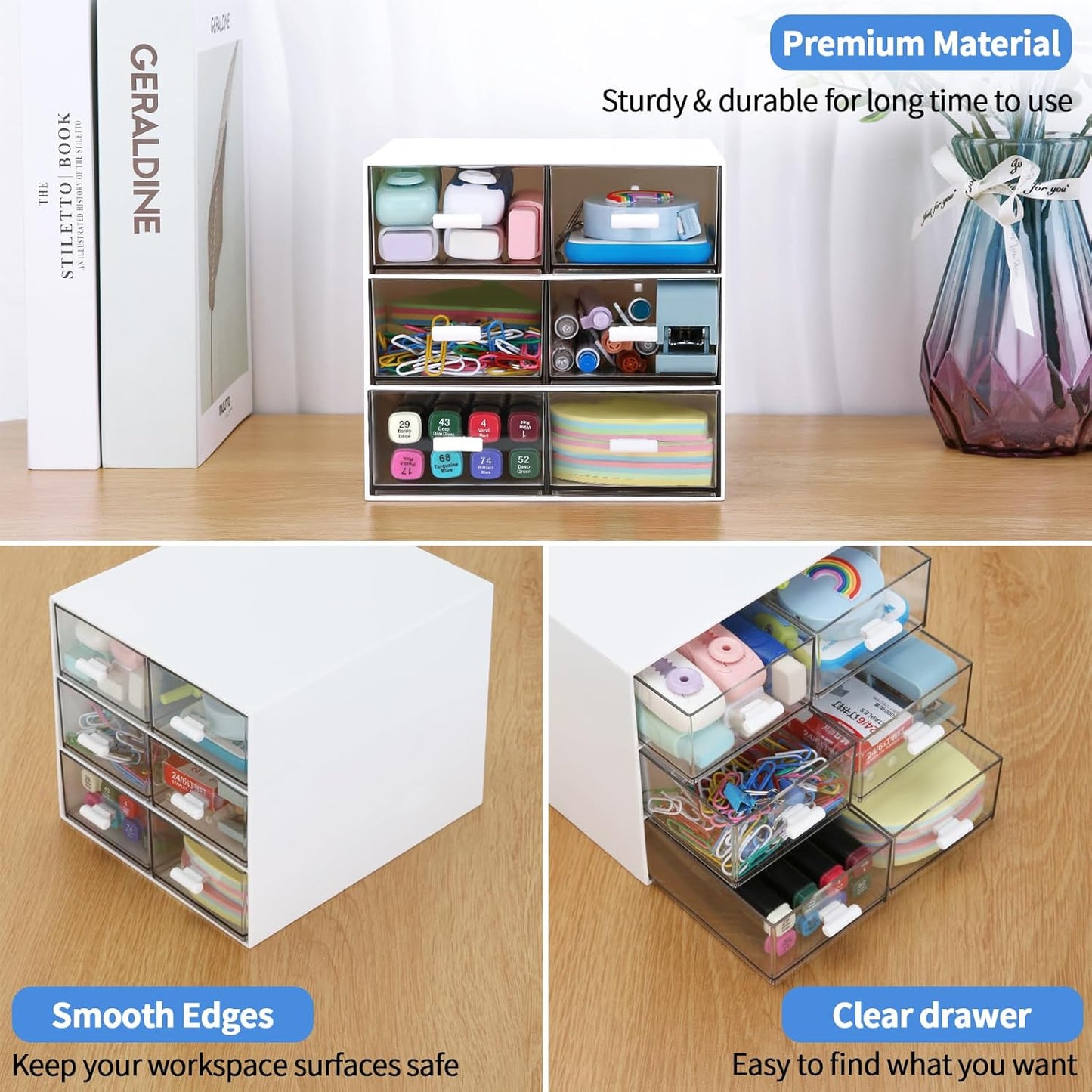 Desk Organizer with 5 Drawers, Rectangular Office Stationery Supplies Desktop Drawers, Plastic Makeup Storage, Suitable for Office, School, Home (Pink & 5 Drawers)