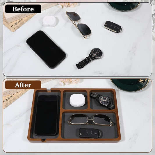 Valet Tray for Men, Black Sandalwood Catch All Tray, Wallet Trays Organizer for Nightstand, Desk, Elegant EDC Valet Trays for Keys, Watch, Phone, Jewelry