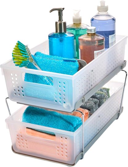 madesmart 2 Tier Bath Organizer, Undersink Storage with Sliding Drawers, for Cleaning Supplies, Pantry, Sponges, Bottles & Kitchen Essentials, Adjustable Dividers & Pull Out Sliding Baskets, Frost