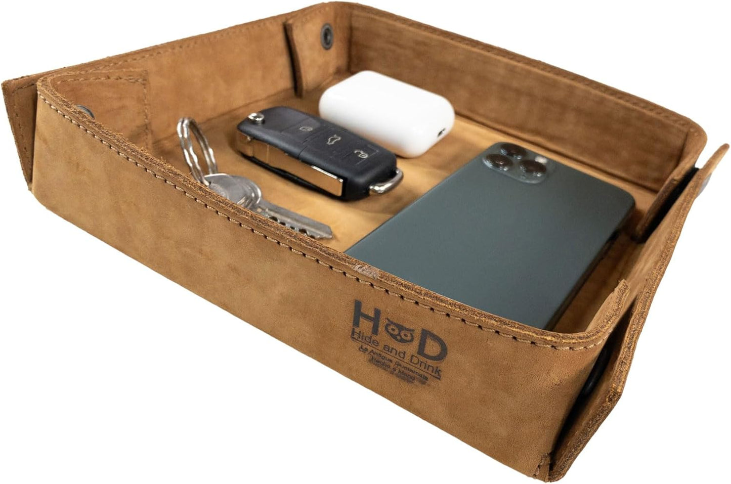 Hide & Drink, Leather Catchall Tray, Easy Access Organizer for Keys, Coins, Change, Jewelry, Watches, Smartphones, Durable, Vintage Style, Handmade :: Bourbon Brown