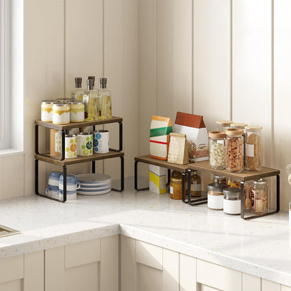 HOOBRO Cabinet Organizer Shelf, Set of 2 Kitchen Counter Shelves, Expandable Kitchen Storage, Stackable Bamboo Spice Rack, for Kitchen, Countertop, Office Desk, Bathroom, Natural and White YW30TL01