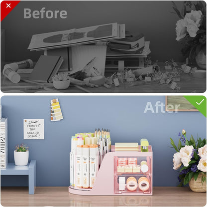 Marbrasse Desk Organizer with 2 Drawer, 360°Rotating Pen Holder, Desk Organizers and Accessories with 6 Slots Pencil Organizer + 2 Drawer, Art Supply Storage Box Caddy for Office (White)