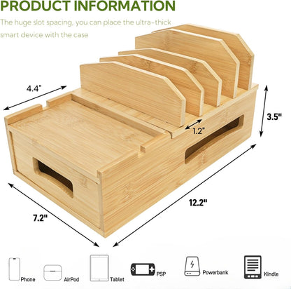 ZOOFOX Bamboo Charging Station for Multiple Devices, Desk Docking Station with Removable Divider Slots and Drawer, Bedside Charging Station Compatible with Smartphone, Tablet, Laptop, Earphone