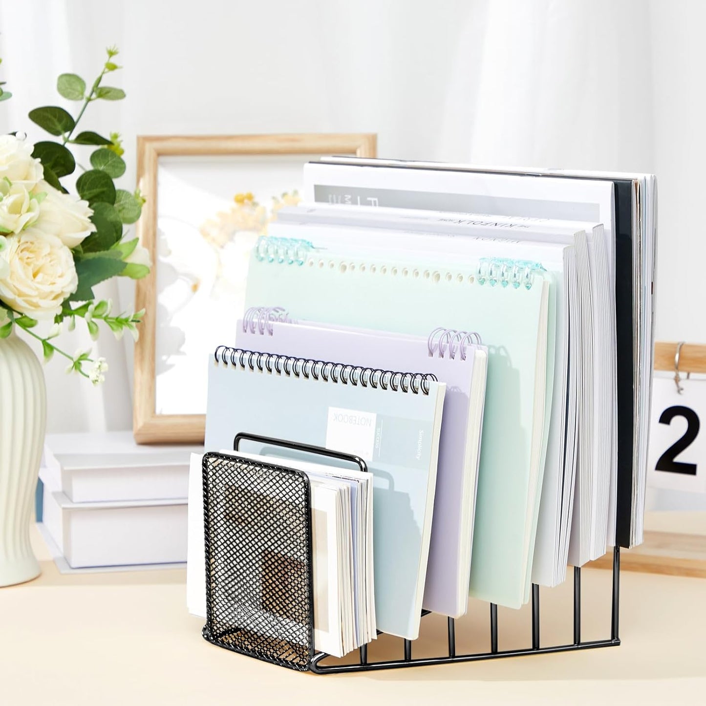 2 Pcs 7 Section Wire File Organizer for Desk, Metal Mesh Incline File Holder, Letter & Magazine Folder Rack, Desktop Paper Sorter for Home Office School (Golden)
