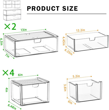 caktraie 6 Pack Small Stackable Stroage Drawers, Acrylic Bathroom Makeup Organizer, Plastic Storage Bins For Vanity, Undersink, Kitchen Cabinets, Pantry, Home Organization