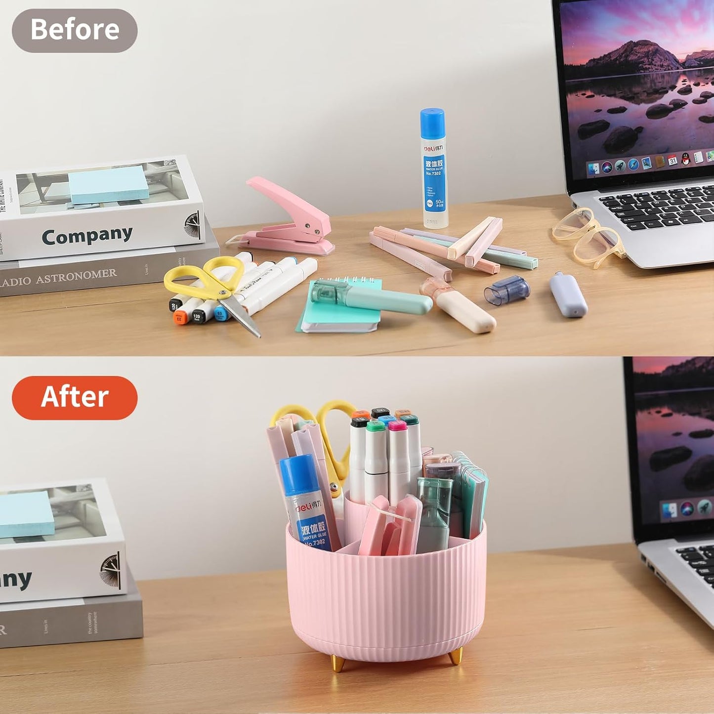 Desk Pencil Pen Holder, 5 Slots 360°Degree Rotating Pen Organizers for Desk, Desktop Storage Stationery Supplies Organizer, Cute Pencil Cup Pot for Office, School, Home, Art Supply, Dark Green