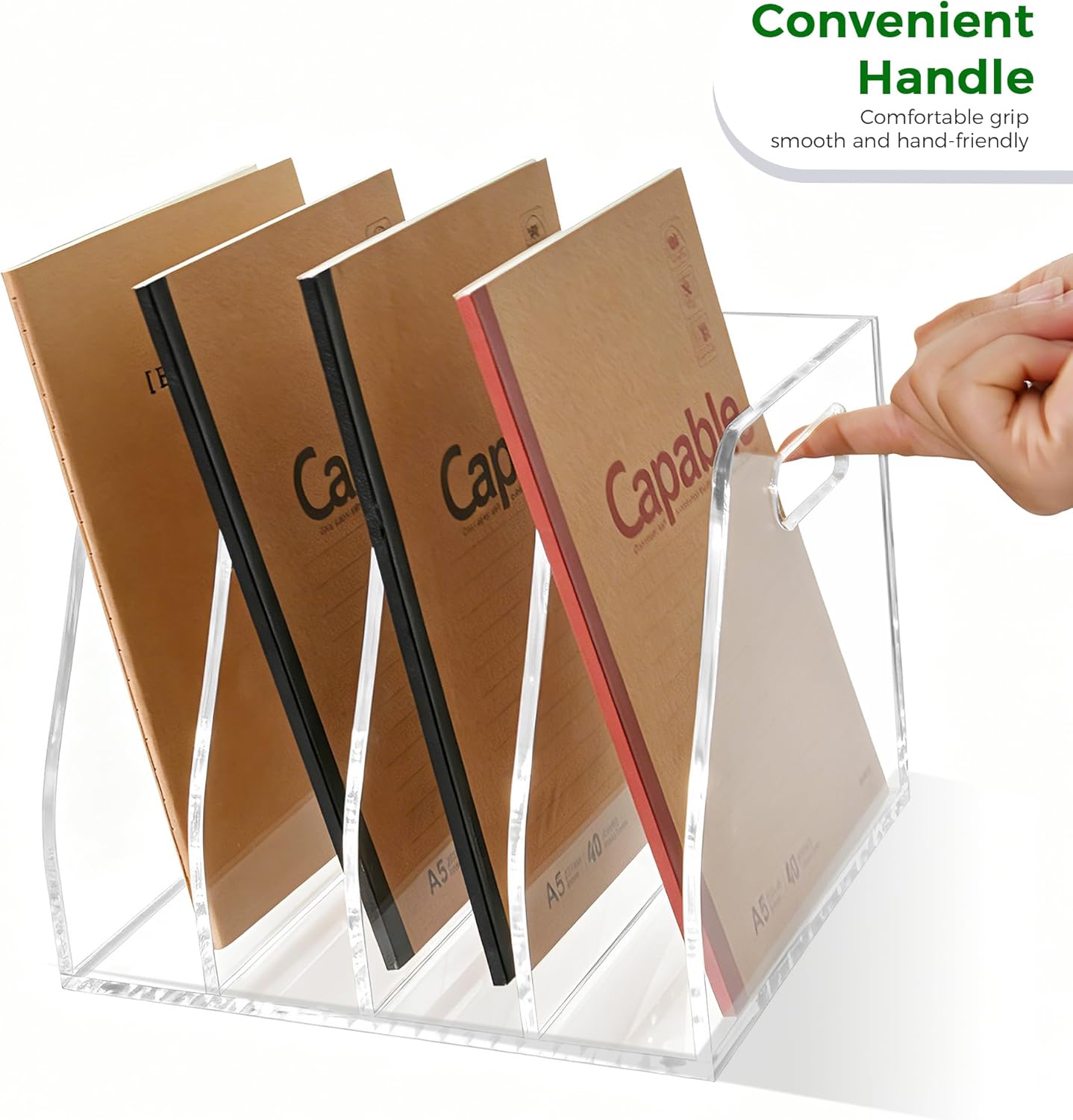 Acrylic Magazine File Holder, 4 Vertical Compartments Desk Document Sorter Organizer, Clear Folder Rack Binder for Office/Home/Classroom, for Documents, Tablet, Magazines, Books & Accessories