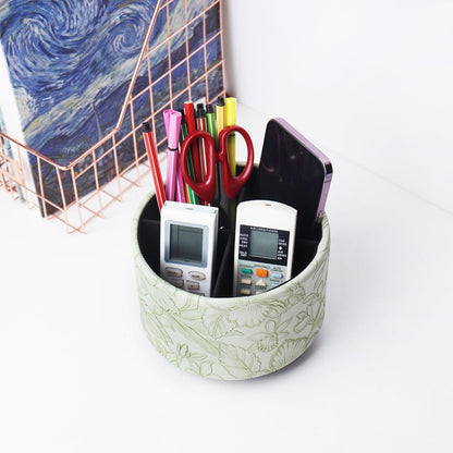 Hennaja Round Leather Art Supply Organizer,Remote Control Holder,360 Degree Rotating,Multi-Functional Pencil Holder,4 Compartments Desktop Stationary Organizer(1-Blue Bird) - Colors C