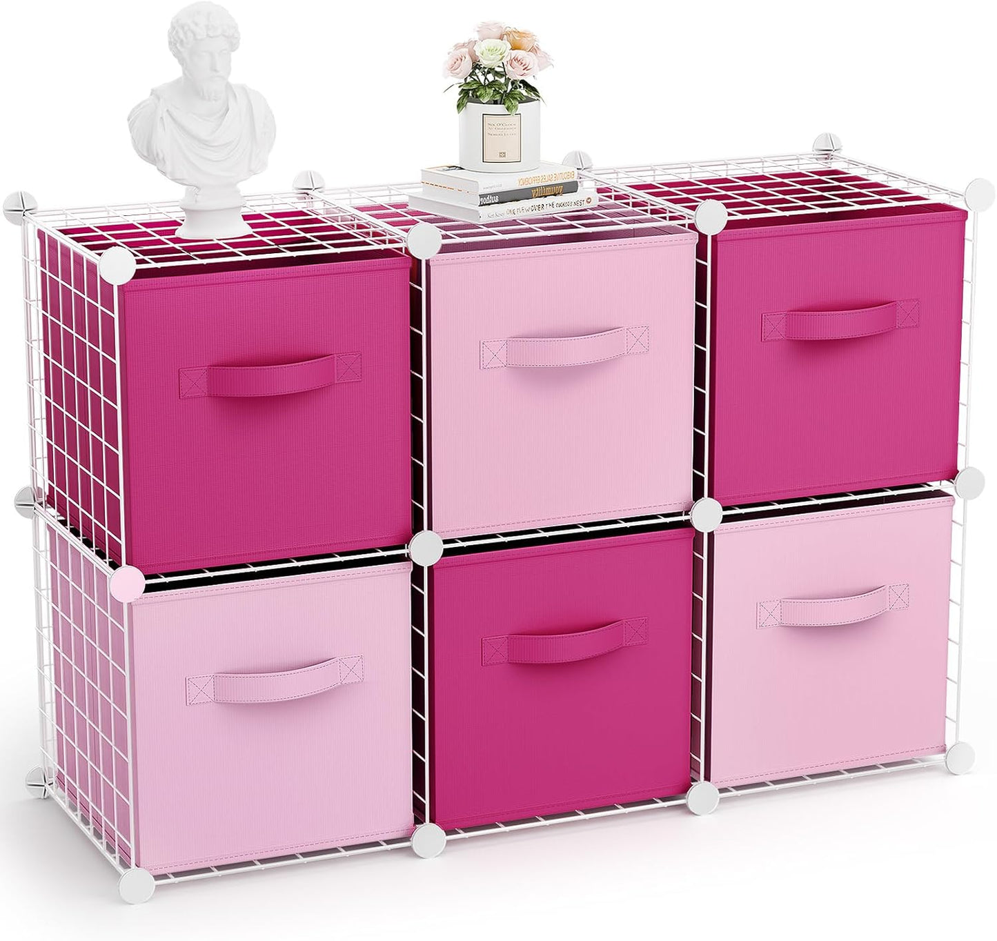 Leinuosen 6 Cube Storage Organizer with Fabric Bins, Wire Grid Stackable Shelves, Modular Storage Units for Bedroom Living Room Office Toys Book Craft(Black,Gray)