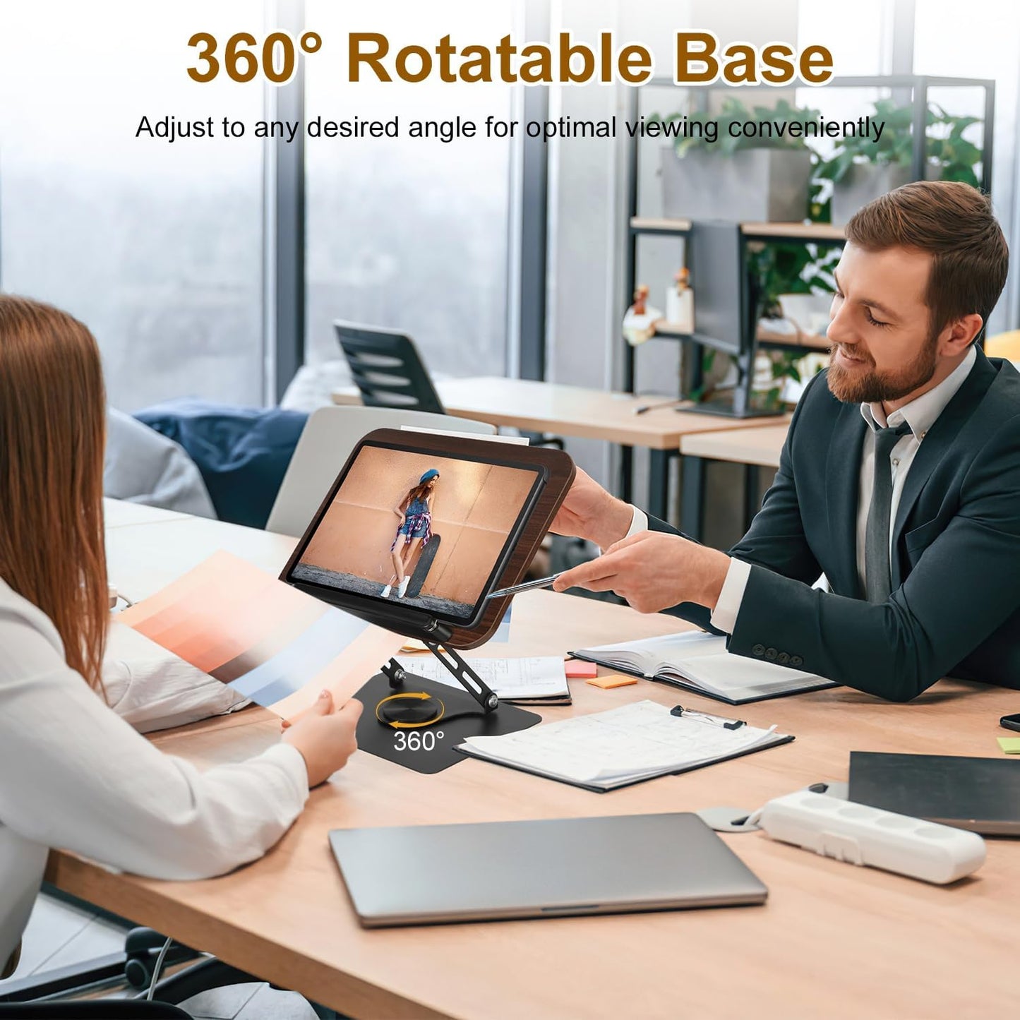 Book Stand for Reading, Adjustable Book Holder with 360° Rotating Bases, Foldable Designs, and Elastic Clips, Multifunctional Display Stand for Recipe, Cookbooks, Magazines, Tablets, Laptops