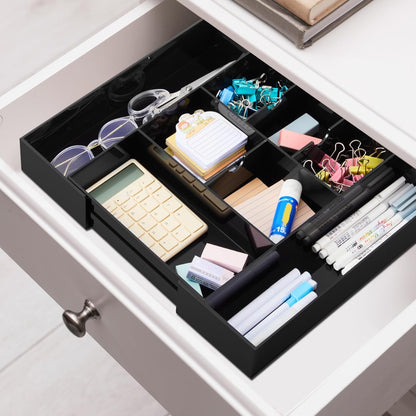 Briwooody 1 Pcs Acrylic Desk Drawer Organizer 9'' up to 16'' x 12'' x 2.2'' Expandable Drawer Organizer Trays with 10 Adjustable Compartments Clear Desk Accessories for Makeup Office Bathroom