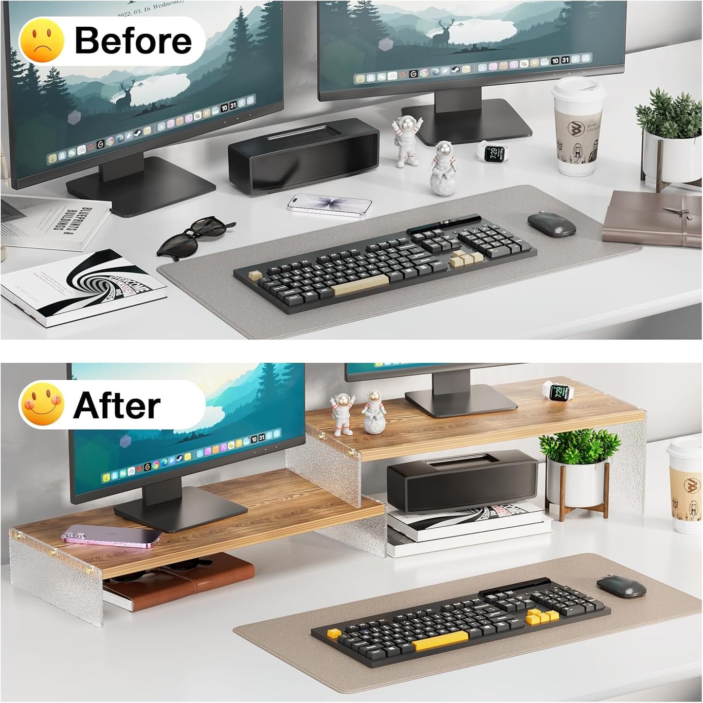 YGYQZ Adjustable Monitor Stand Riser with Acrylic Legs丨7.67" Wide Dual Monitor Stand for Desk丨2-Tier Wood Desktop Organizer for Computer, Laptop, Printer & PC丨Modern Aesthetic Desk Shelf(wood-flat)