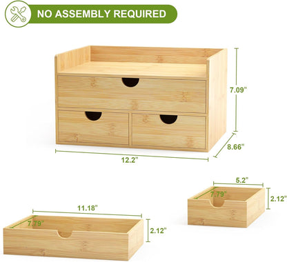 Wisuce Bamboo Desk Drawer Organizer, 3 Drawer Desktop Organizer with Drawers Tabletop Storage Organization Box for Office Home Toiletries Supplies Vanity, No Assembly Required