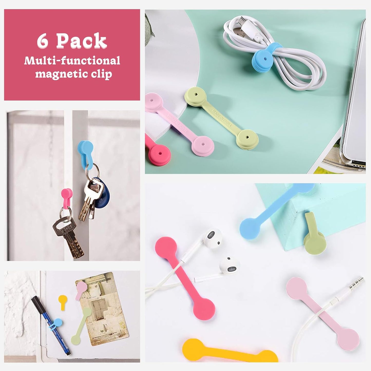 Viaky 6 Packs Magnet Wire Winder Straps, Multi-Colored Noticeboard Fridge Clips Silicone Cable Organizer Reusable Tie Phone Earbuds Bookmark Whiteboard Fridge (Lake Blue, Blue, Gray)