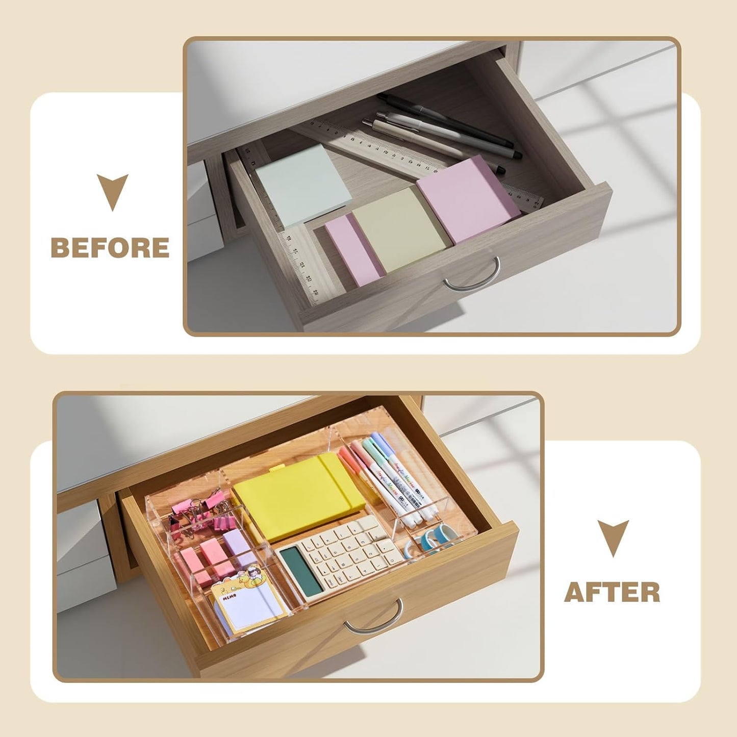 Briwooody 3 Pcs Clear Acrylic Desk Drawer Organizer 13.7 x 8.7 x 2 Inch Drawer Organizer Trays with 8 Compartments Desk Accessories for Office Makeup Silverware Bathroom