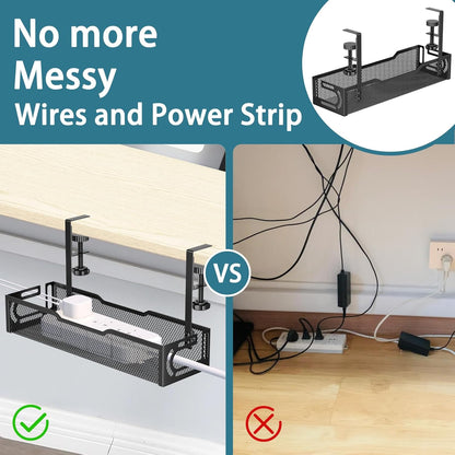 Under Desk Cable Management Tray, No Drill Mesh Desk Cable Tray, Wire Management Tray Cable Management Rack, Wire Organizer and Cable Management Box (White)
