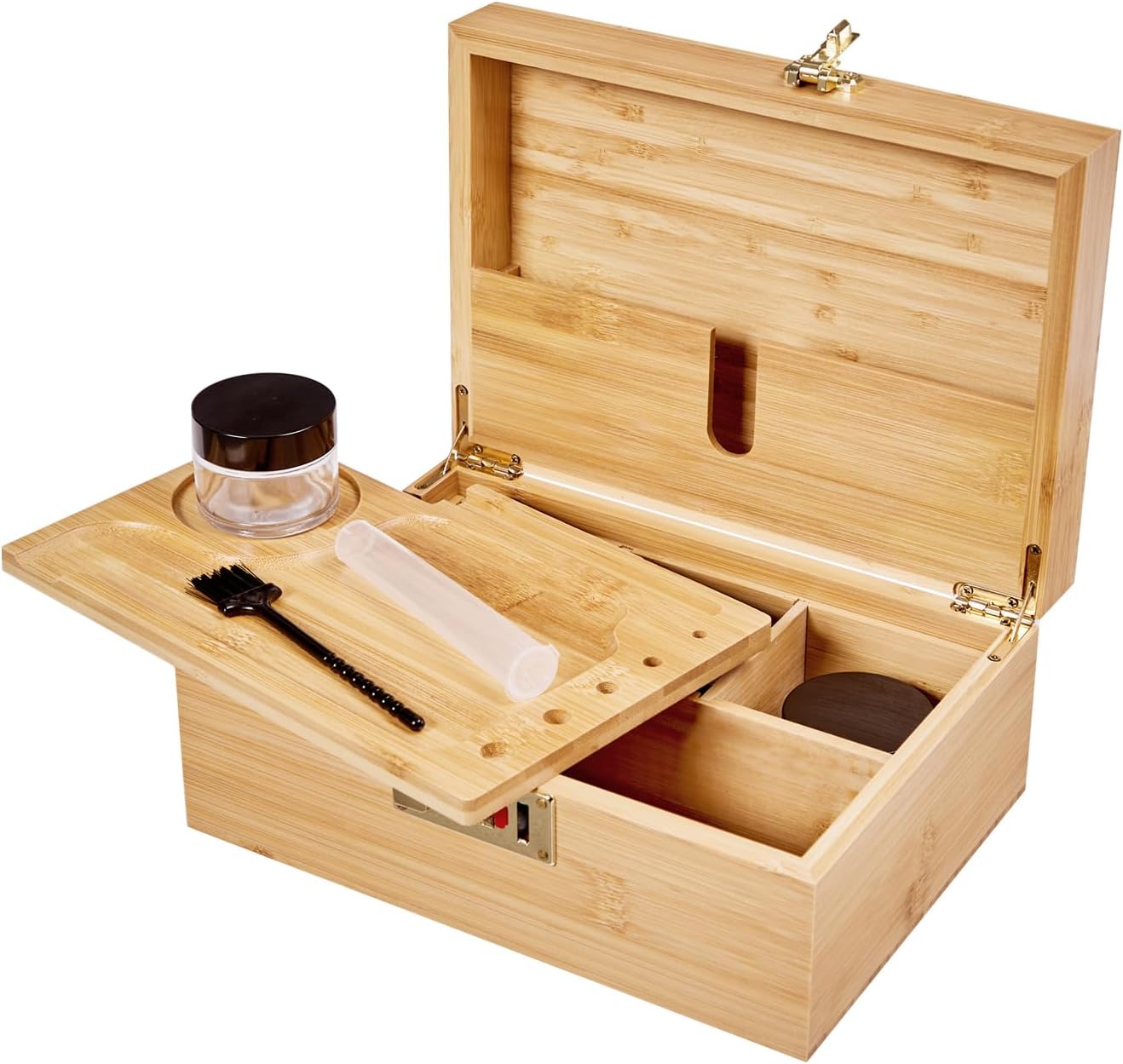 Bamboo Wood Desktop Organizer with 3 Glass Jars and Sliding Tray - Red Multi-Compartment Storage Case for Craft Supplies, Stationery, and Small Accessories (Pink)