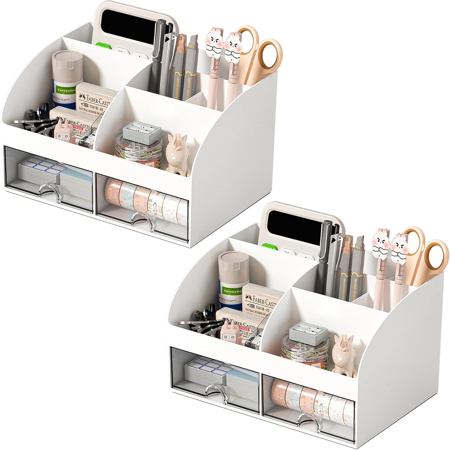 COMFYROOM Desk Organizer with 6 Compartments and 2 Drawers, Plastic Makeup Organizer, Pen Holder for Desktop Storage, Desk Organization for School, Home, Office Supplies (White)