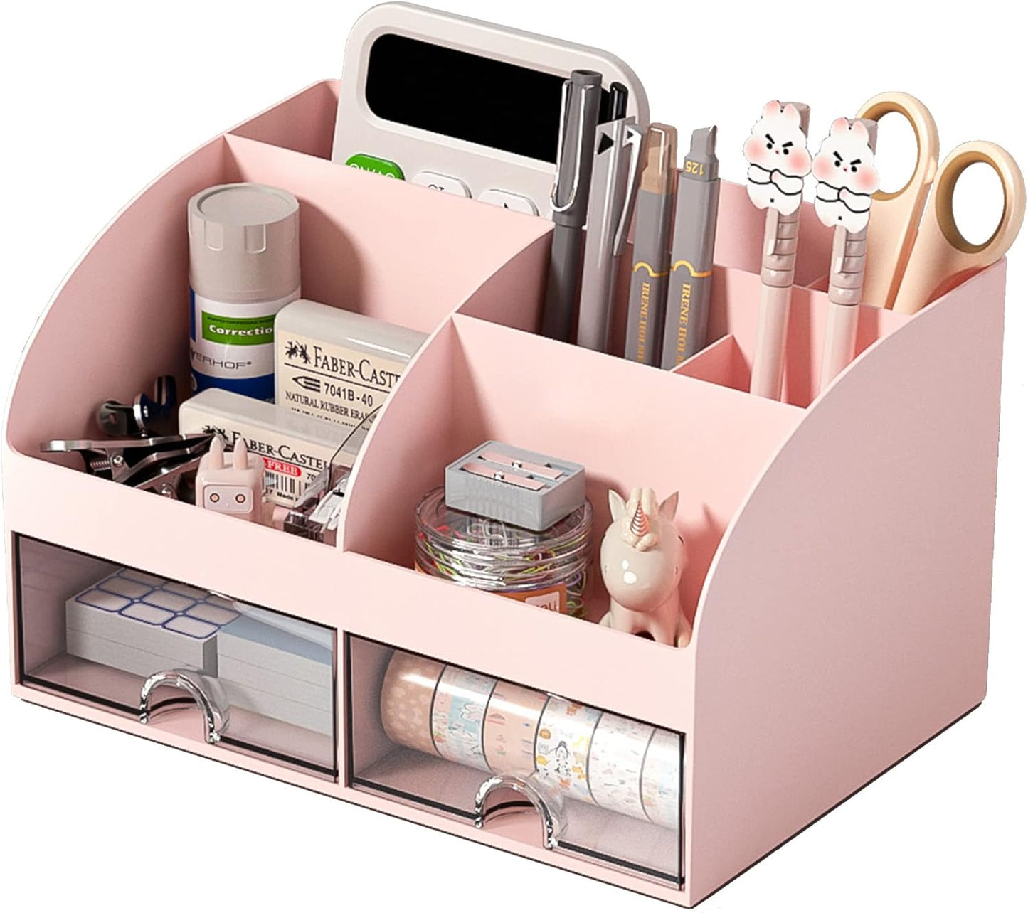 COMFYROOM Desk Organizer with 6 Compartments and 2 Drawers, Plastic Makeup Organizer, Pen Holder for Desktop Storage, Desk Organization for School, Home, Office Supplies (White)