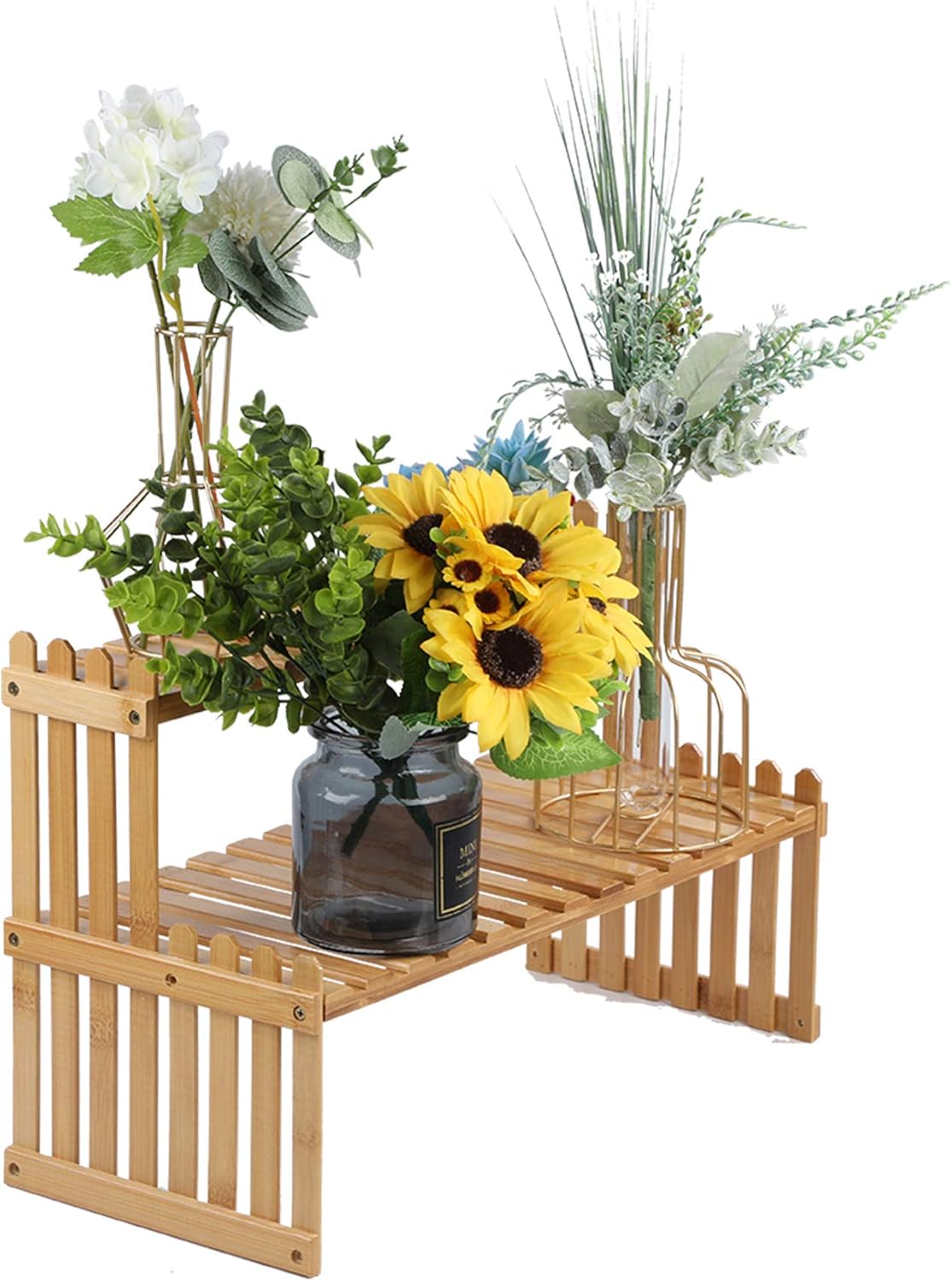 GURECOD 14.6"/18.5" 2 Tiers Bamboo Plant Stand Shelf,Desk Flower Pot Holder,Adjustable Desktop Shelf Display Organizer Ladder Rack for Office Decorate Storage Rack,Kitchen Rack (14.6" Length)