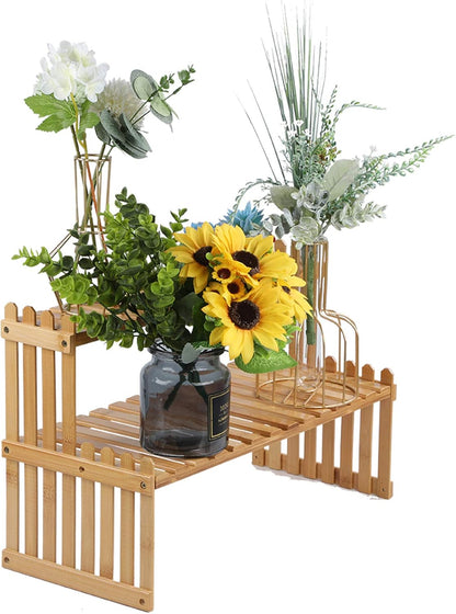 GURECOD 14.6"/18.5" 2 Tiers Bamboo Plant Stand Shelf,Desk Flower Pot Holder,Adjustable Desktop Shelf Display Organizer Ladder Rack for Office Decorate Storage Rack,Kitchen Rack (14.6" Length)