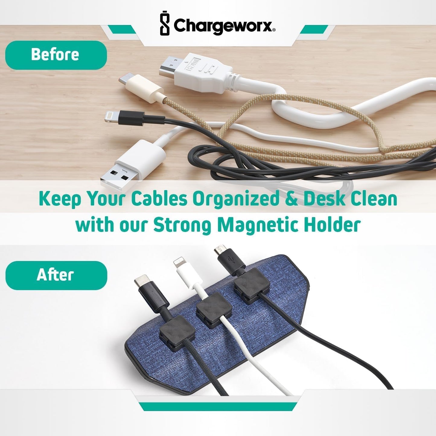 CHARGEWORX Magnetic Cable Organizer – Weighted Non-Adhesive Cord Holder with 3 Magnetic Clips for USB-C, Lightning & MagSafe Cables – Desk, Office & Nightstand Cable Management