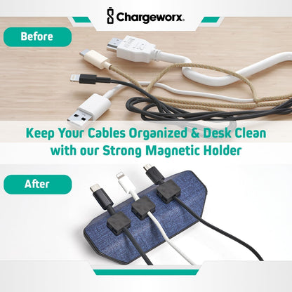 CHARGEWORX Magnetic Cable Organizer – Weighted Non-Adhesive Cord Holder with 3 Magnetic Clips for USB-C, Lightning & MagSafe Cables – Desk, Office & Nightstand Cable Management