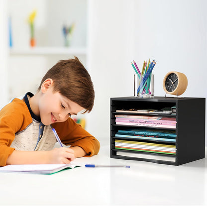 Bamjoy Bamboo 5 Tier Desktop Organizer, Paper Organizer Mail Sorter, File Holder Letter Document Storage with Adjustable Shelves for School Home Office, Natural