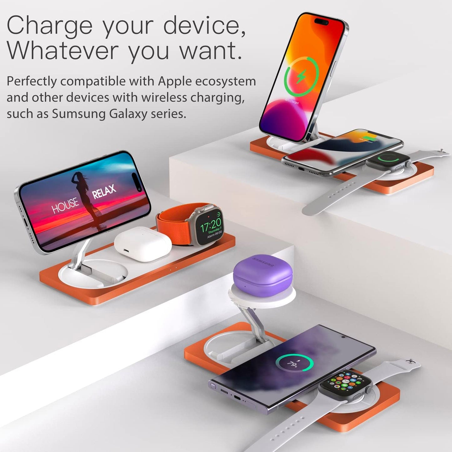 3-in-1 Charging Station for Apple Devices: Used for iPhone and Watch Charging Station with Magsafe Charger Stand, Wireless Charger for iPhone 17 Air 16 15 14 13 Series, Apple Watch Ultra, AirPods Pro