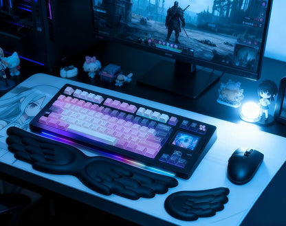 Angel Wing Wrist Rest Ergonomic Memory Foam Wrist Rest for Computer Keyboard Mouse Set, Cute Gaming Keyboard Cushion Hand Support PU Leather Surface Anti-Slip Waterproof White Angel Wing
