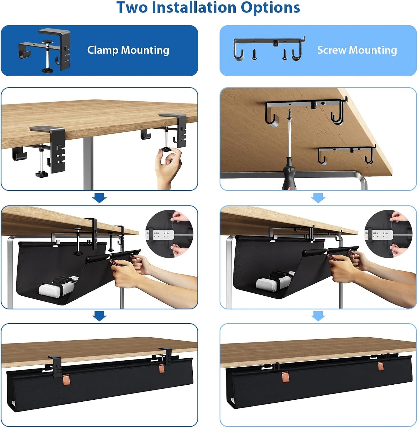Zilink No Drill Under Desk Cable Management Tray 30" Cord Organizer for Table Clamp/Screw Mount Desk Cable Management Sturdy Waterproof Fabric Cord Hiders for Office, Home