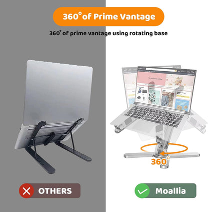 Moallia Laptop Stand with 360 Rotating Base, Computer Notebook Laptop Riser Metal Holder for Desk Collaborative Work, Fully Foldable for Easy Storage, Fits All MacBook, Laptops up to 16 inches