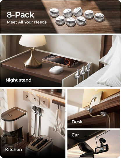LISEN Magnetic Charging Cord Holder 8-Pack Charging Cord Organizer [1S Click-in], Easy Open Cable Holder with Strong Adhesive, Cable Management Clips Neatly for Nightstand, Desk, Home, Office, Car