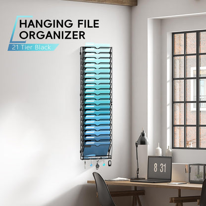 5 Tier Wall File Organizer - Hanging File Organizer with 5 Hooks, Mail Holder Wall Mounted for Papers, Folders, Magazines, Bills, Office&School Organization, Black