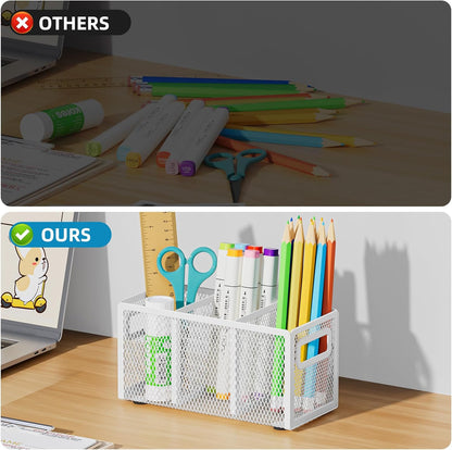 Marbrasse Mesh Pen Holder for Desk,Pencil Holder Desk Organizer 3 Adjustable Compartments,Pencil Cup with Handle Perfect for Classroom, Office, Home,Makeup,Art (Black)