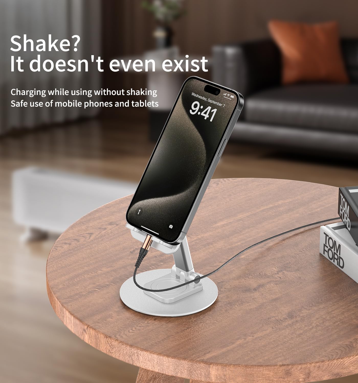 360° Rotating Cell Phone Stand for Desk, Adjustable & Foldable Phone Holder, Aluminum Desktop Phone Stand with Anti-Slip Base, Compatible with iPhone, iPad, Android Phones, K69-Black