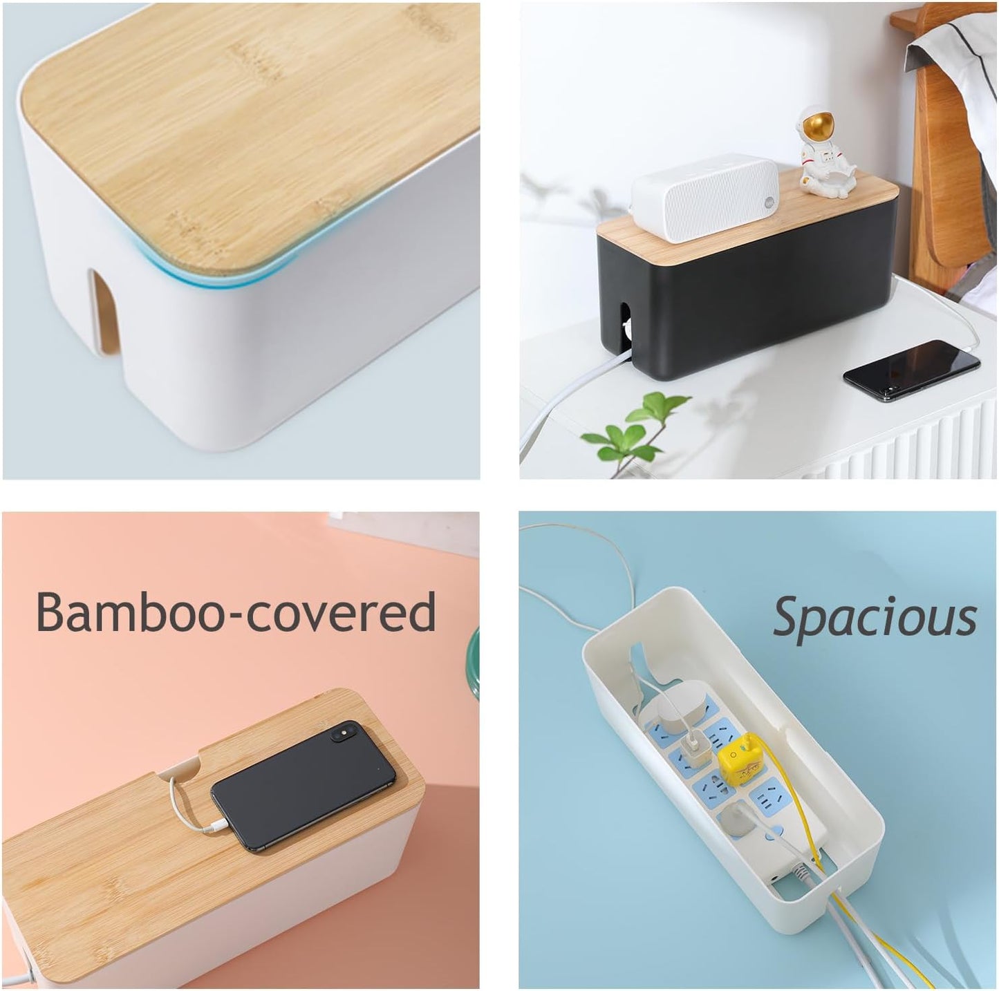 Changsuo Cable Management Box Small White, Extension Cord Organizer for Power Stripe Surge Protector Wire Management Concealer Cover Hider for Desktop Home Office Kitchen (White)