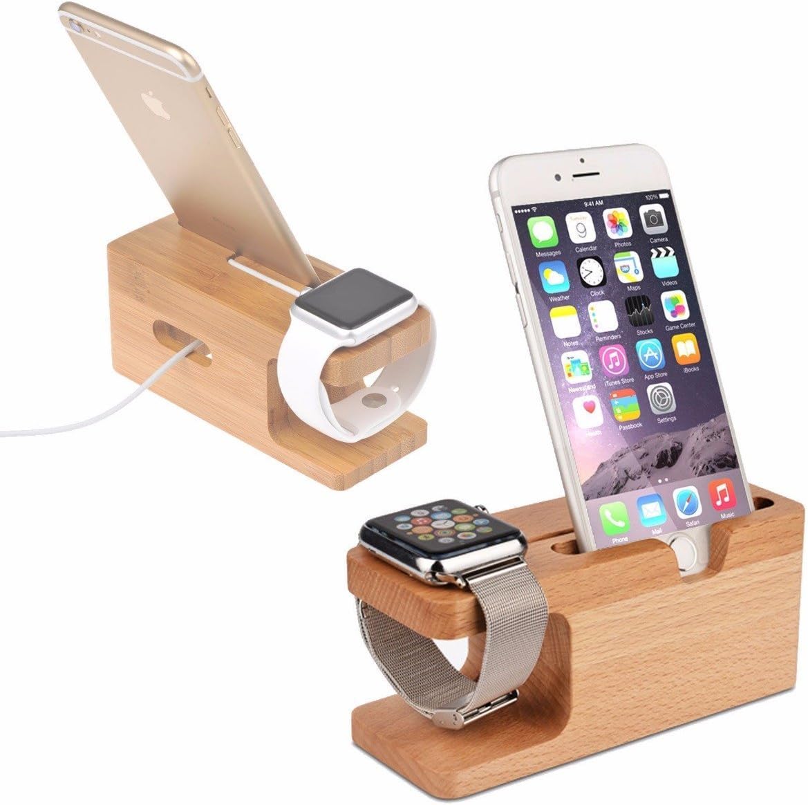 MOOZO Bamboo Wood Desktop Charging Dock Station Charger Holder Cradle Stand Compatible iPhone 16 15 14 13 12 11 Pro Max Apple Watch 2 3 4 / iWatch Samsung Galaxy S8 S7 S6 Edge Plus LG HTC Smartphones