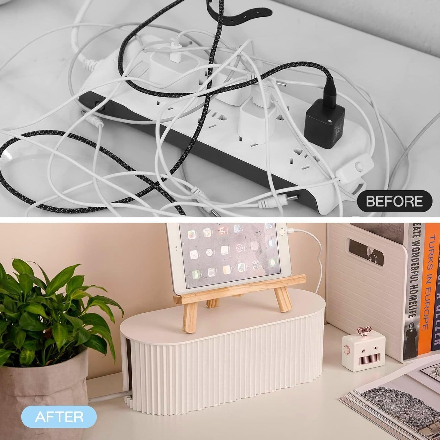 Cable Management Box,Desk Cord Organizer Box with Groove Cover,Plastic Cord Hider Box,Large Cable Box Organizer for Storaging Power Socket/TV/Computer/Router/Games Console Cable (Milk Tea)