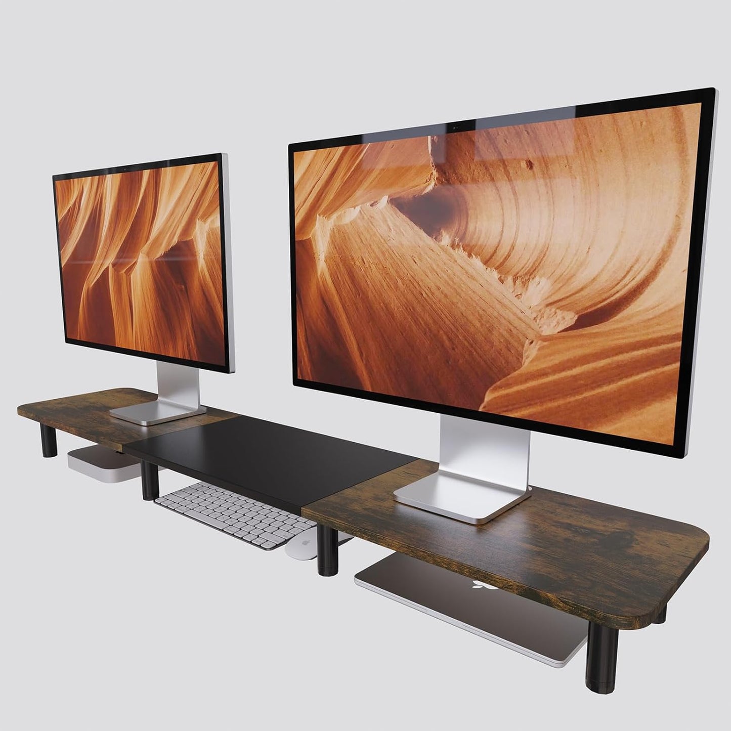 Dual Monitor Stand - 43.7 inch Extra Long Wide TV Stand - Wood & Steel Leg Desktop Riser - Desk Organization - Home Office (Vintage)
